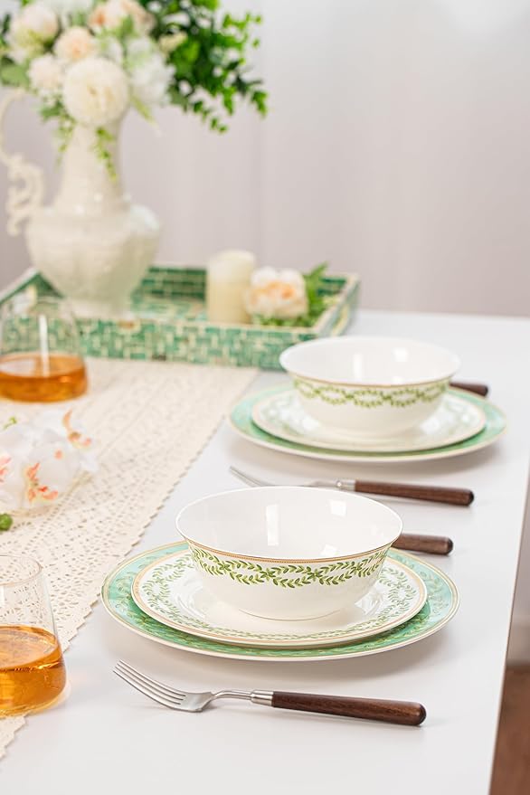 12-Piece Bone China Dinnerware Set with Gold Rim, Handcrafted Jingdezhen Design, Glazed Inner Patterns, Service for 4 – Green Collection