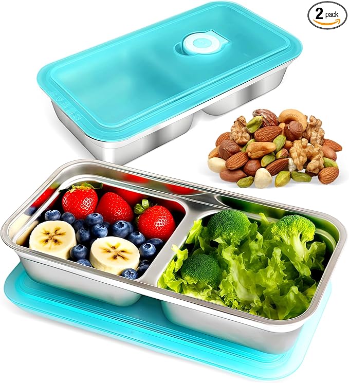 Zkptops 2Pcs Grab and Go Snack Containers Stainless Steel Reusable Snack Condiment Box with Lids Double Compartment Food Storage Container Dishwasher Divided Lunch Meal Container for School Travel