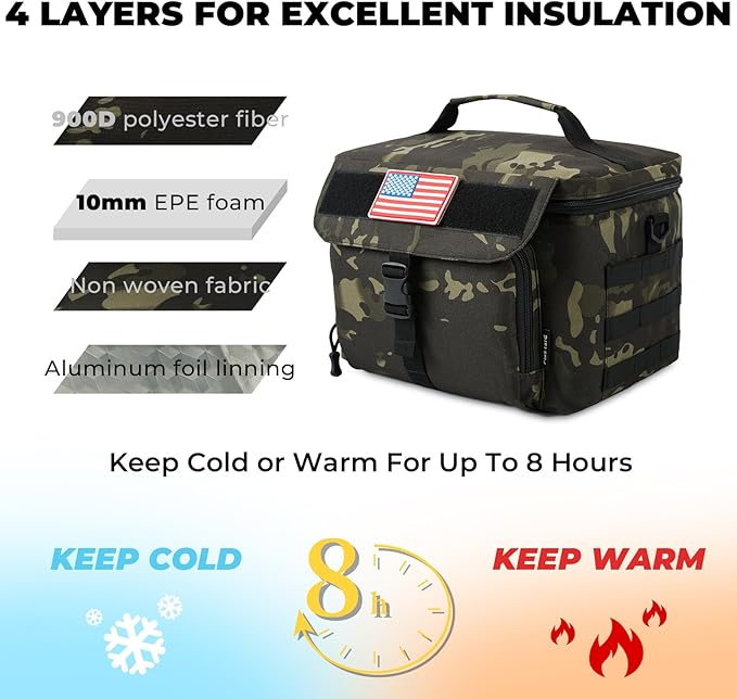 Ronyes Tactical Lunch Box for Men,Large Insulated Lunch Bag with Shoulder Strap,Heavy Duty lunchbox Cooler MOLLE Webbing, Leakproof Pail for Work Camping Fishing-Camo Black