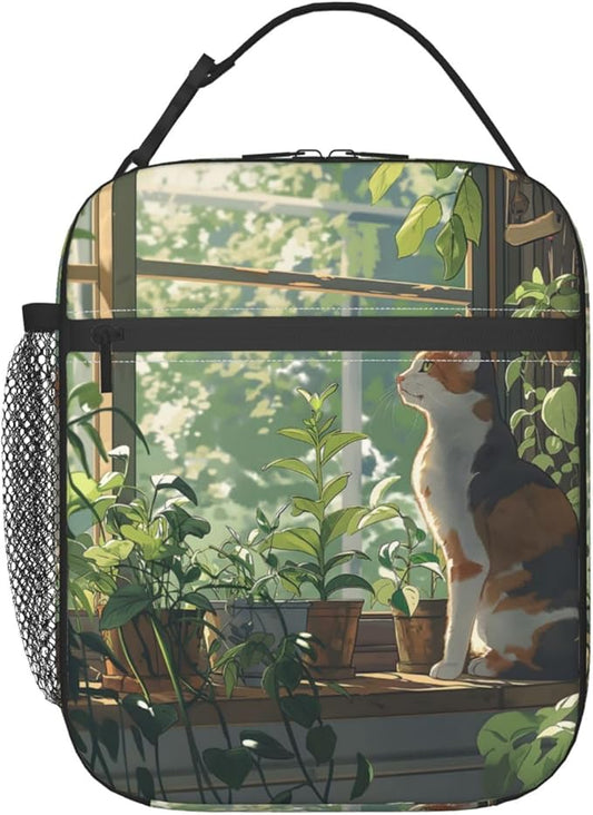 Serene Cat and Plant Haven Lunch Box for Women Men, Insulated Lunch Box, Reusable Lunch Bag for Office, Work, Picnic, Travel
