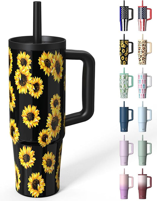 TILUCK 30 oz Tumbler with Handle, Vacuum Insulated Stainless Steel Travel Mug with 100% Leak-Proof Silicone Straw Lid, Cupholder Friendly Water Bottle(SunFlower, 30oz)