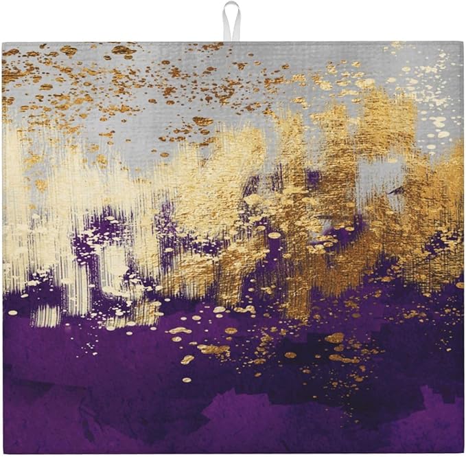 Purple Gold Abstract Art Dish Drying Mat for Kitchen Counter, Absorbent Microfiber Drying Pad for Dishes, Decorative Kitchen Mat for Sink Area & Coffee Bar, Foldable Reversible Purple Decor 16" x 18"