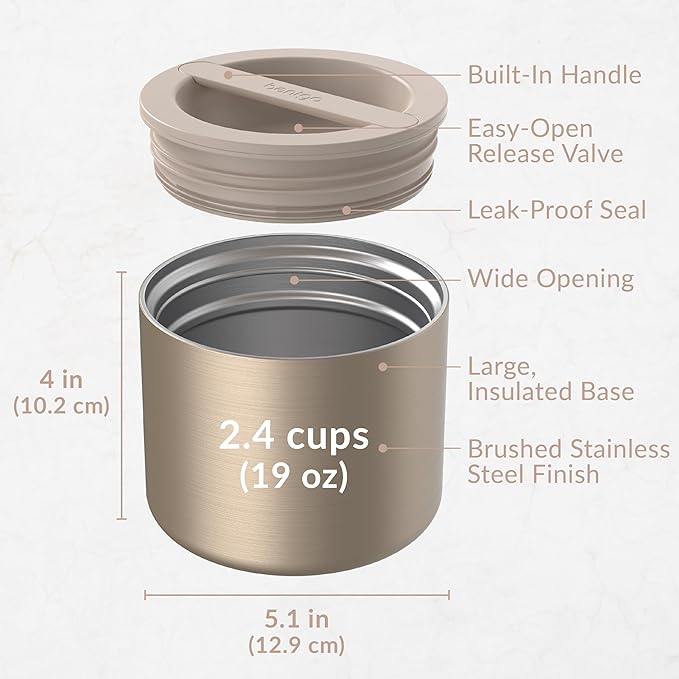 Bentgo Stainless Insulated Food Container - 2.4 Cups (19 oz), Triple-Layer Insulation, Vacuum Seal, Leak-Proof, Built-In Handle, Wide Opening, Premium Stainless Steel, for Cool/Warm Foods (Gold)