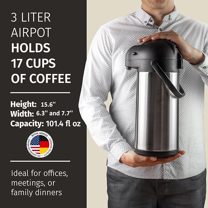 Airpot Coffee Dispenser 102 oz (3L) with Pump, Drip Tray and Cleaning Brush - Stainless Steel Insulated Carafe - 24 Hour Heat Retention - 36 Hour Cold Retention - 2 Gifts are included