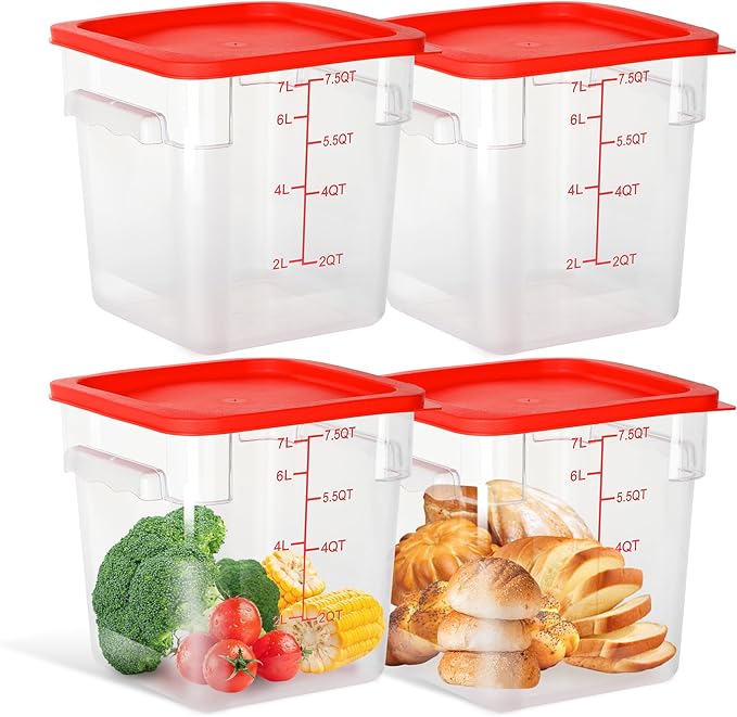 4 Pack 8 Quart Food Storage Containers with Lids, Polycarbonate Square Commercial Food Containers, NSF, Clear, New Version