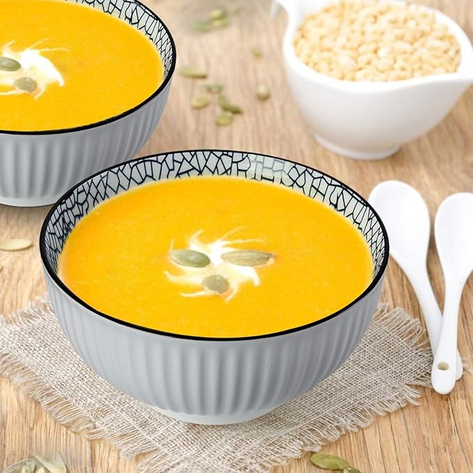 QINLANG 6 Inch Blue and White Porcelain 30 oz Bowls Set of 6 for Soup, Cereal, desserts, ice cream and Rice - Leaf Pattern