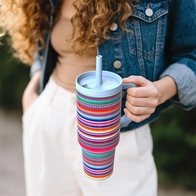 TILUCK 40 oz Tumbler with Handle, Vacuum Insulated Stainless Steel Travel Mug with 100% Leak-Proof Silicone Straw Lid, Cupholder Friendly Water Bottle(RainbowStripes, 40oz)