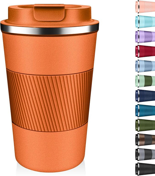 Insulated Coffee Tumbler 12 oz, Stainless Steel Coffee Mug with Lids, Travel Coffee Mug Leak Proof, Double Wall Vacuum Insulated Reusable Coffee Cup, Keep Drinks Hot and Cold (Orange, 12 Ounces)
