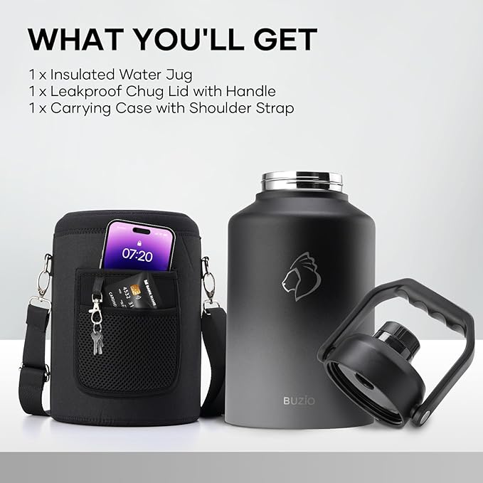 BUZIO One Gallon Water Bottle Insulated, (Cold for 48 Hrs) 128oz Water Jug Large Stainless Steel, 3.58in Big Wide Mouth Leak Proof Metal Flask with Carrying Sleeve for Camping,Gym, Travel, Black Gray