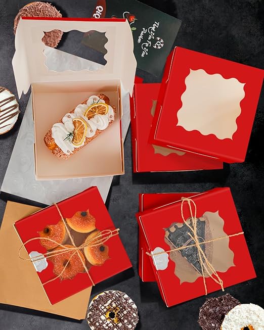 qiqee Bakery Box with Window 36packs 6x6x3 Red Cookie Boxes Pastry Box for Wedding Favor Party ＆ Birthday