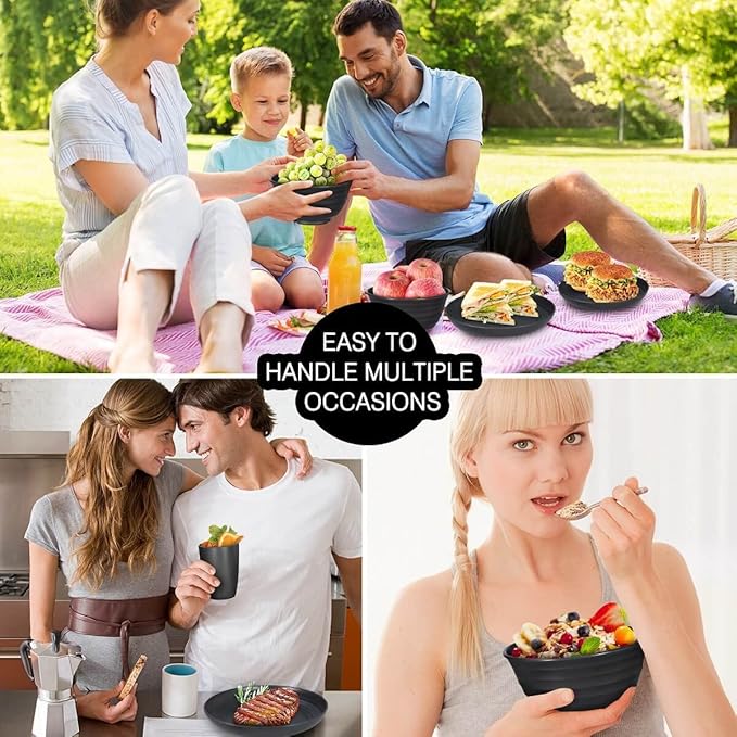 12pcs Plastic Wheat Straw Dinnerware Sets, Wheat Straw Plates and Bowls Sets for 4 College Dorm Room Essentials Microwave Dishwasher Safe (Black)