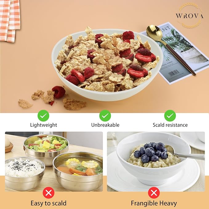 Wrova 65oz Large Salad Bowls Ivory - Wheat Straw Salad bowls Set of 4 - Unbreakable Salad Bowls Dishware & Microwave Safe - BPA Free Bowls for kitchen,camping