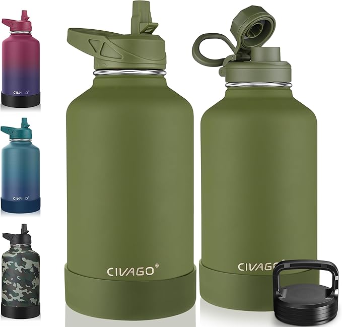 CIVAGO 64 oz Insulated Water Bottle With Straw, Half Gallon Stainless Steel Sports Water Flask Jug with 3 Lids (Straw, Spout and Handle Lid), Large Metal Thermal Cup Mug, Army Green