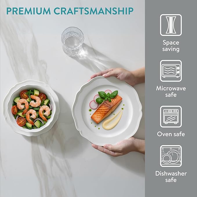 Navaris Scandi Style Porcelain Dinnerware Set - Ceramic Crockery Sets for 6 - Stackable Dishes with Dinner and Salad Plates Cereal Bowls - Dishwasher & Microwave Safe - 18pcs White