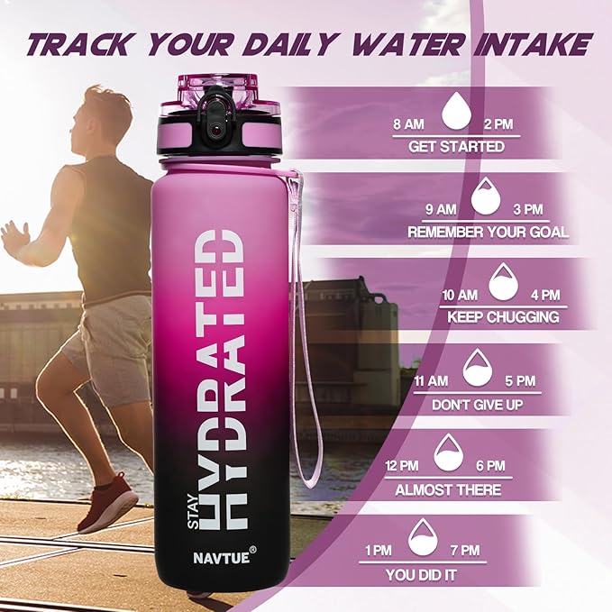 Water Bottle, 32oz Sports Water Bottles with Time Marker Wide Mouth, Motivational and Leakproof Drink Bottle, BPA Free Tritan with Carry Strap for Gym Fitness Outdoor (Direct Drink 1 Bottle)