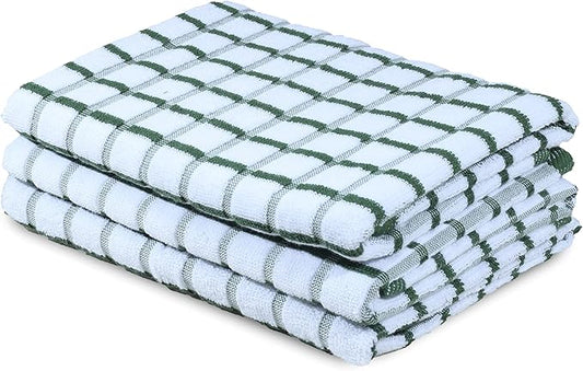 Urban Villa Kitchen Towels Green/White Set of 3 Terry Kitchen Towels 100% Cotton Ultra Soft Size 20X30 Inches Highly Absorbent Over Sized KitchenTowels with Hanging Loop KitchenTowels