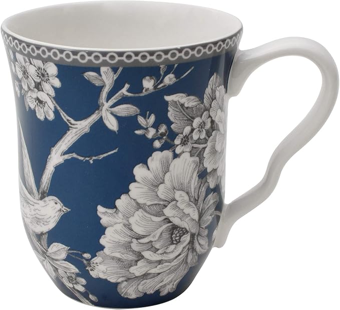 222 Fifth Adelaide 16-Piece Dark Blue Porcelain Dinnerware Set – Service for 4, Plate, Bowl & Mug Set, Bird & Floral Design, for Everyday Dining & Entertainment, Microwave & Dishwasher Safe