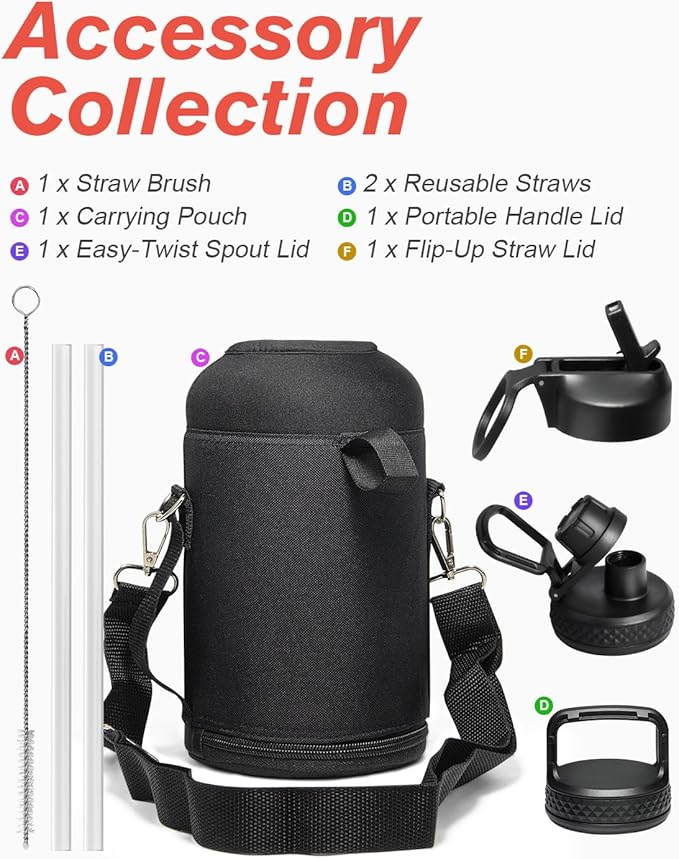 64 oz Water Bottle Insulated with Straw & 3 Lids, Coolflask Large Metal Stainless Steel Water Jug Big Half Gallon Wide Mouth for Sports, Gym or Office, Non-BPA Keep Cold 48H Hot 24H, Magic Black