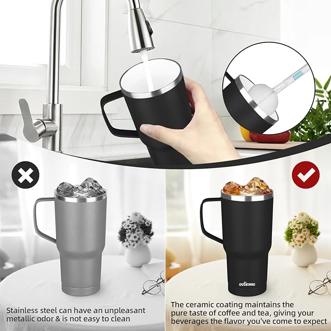 20 oz Insulated Coffee Mug with Ceramic Coating, Stainless Steel Travel Mug Tumbler with Handle Lid and Straw, Double Wall Leak-Proof Coffee Travel Mug Keeps Drink Hot and Cold (Black)