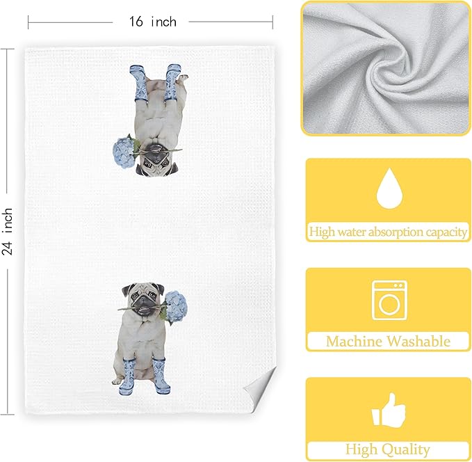 Blue Chinoiserie Hydrangea Pug Dog Kitchen Towels, Pug Lover Gifts Dish Tea Towels for Kitchen Decor, Dog Lovers Mom Gifts Decorative Hand Towel for Bathroom, 16x24 Inch