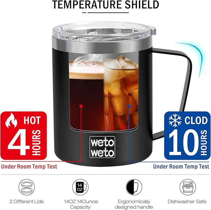 WETOWETO Coffee Mug with Handle, 14oz Insulated Stainless Steel Reusable Coffee Cup, Double Wall Coffee Travel Mug, Powder Coated Black