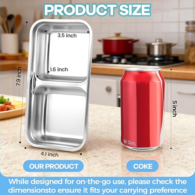 4 Pack Stainless Steel Snack Containers, 2-Compartment Lunch Boxes Reusable Food Storage Containers with Lids for Kids & Adults, School, Office, Travel, Camping