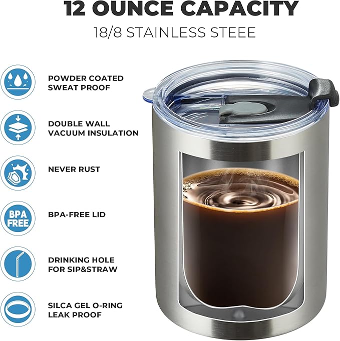 MEWAY 12 oz Lowball, Tumbler Stainless Steel Double Wall Vacuum Insulated Mug with Straw and Lid, Cleaning Brush ，Durable Powder Coated Insulated Coffee Cup for Cold & Hot Drinks (Silver, 12 pack)