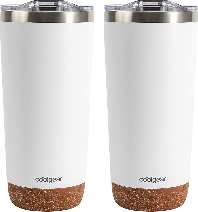 COOL GEAR Cork Bottom Coffee Mug Tumbler - American Designed - Stainless Steel - Dishwasher Safe - Copper Lined - BPA-Free Lid - 2 Pack - 20 oz - White