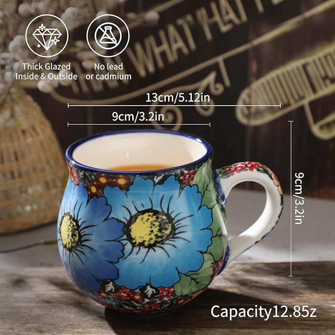 ALMA 2025 Updated Blue Flower Coffee Mug 12oz/380ml,Floral Ceramic Tea Cup for Women, Microwave Oven Safe(Roman Garden,Medium)