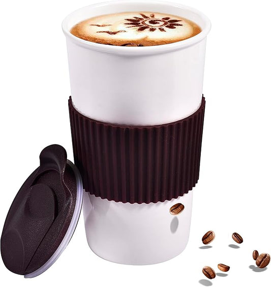 Ceramic Travel Mug, Double Wall Insulated Takeaway 12 oz Coffee Cup for Hot & Cold Beverages, Reusable White Coffee Mug, Splash Resistant Lid & Protective Silicone Sleeve, for Car Cup-Holder, Brown