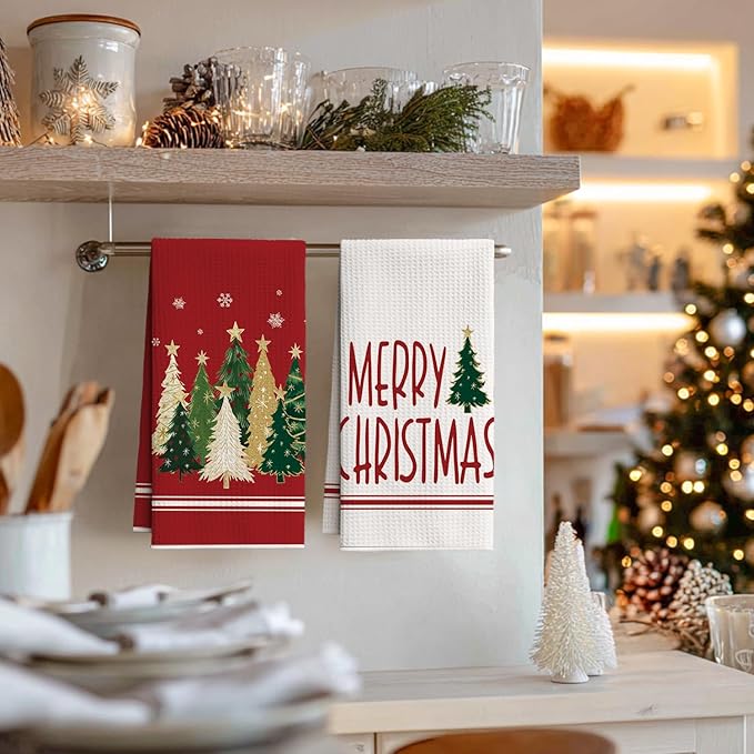 Artoid Mode Red Star Xmas Tree Merry Christmas Kitchen Towels, 18x26 Inch Quick Dry Microfiber Cloth Dish Towels for Kitchen Drying Set of 2