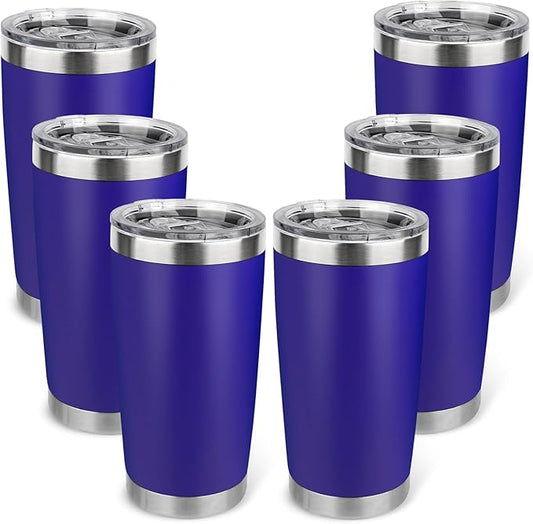 20oz Stainless Steel Tumbler Bulk with Lid, Travel Mug - Double Wall Vacuum Powder Coated Cup - Dark Blue, 6 Pack