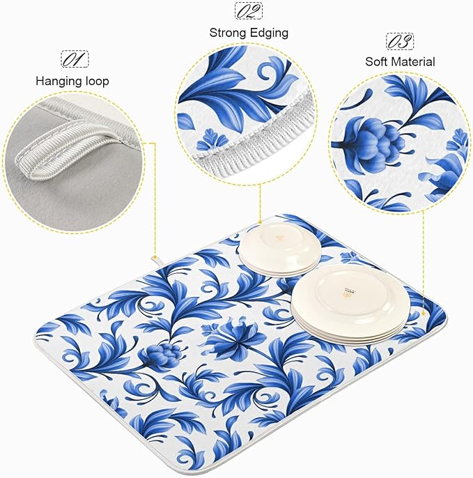 Tarity Blue Flowers White Dish Drying Mat for Kitchen Counter Absorbent Heat Resistant Microfiber Dishes Drainer Mat 18x24 in Large Dish Pad Sink Mat Protective Pad Kitchen Decor