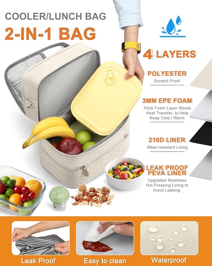 Capolo Lunch Box for Women Men Adults,Double Deck Insulated Lunch Bag Leakproof Lunch Cooler Box with Removable Strap Lunch Tote Bags Reusable Thermal Lunchbox for School Work Picnic(Large,Beige)