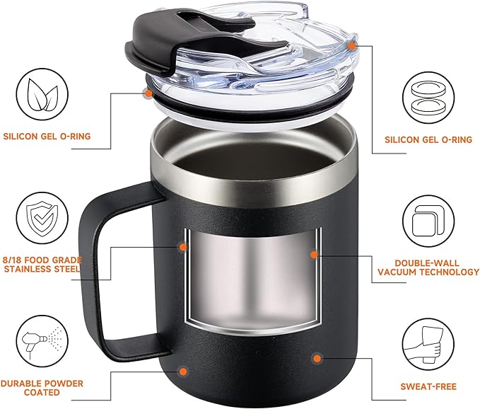 ALOUFEA 12oz Stainless Steel Insulated Coffee Mug with Handle, Double Wall Vacuum Travel Mug, Tumbler Cup with Fliping Lid, Black and Navy