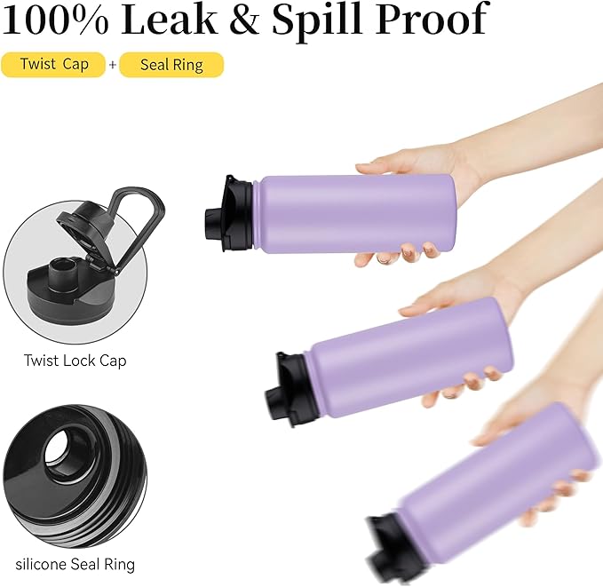 24 oz Insulated Water Bottle Bulk 8 Pack, Stainless Steel Sports Water Bottles with Straw Lid & Wide Mouth Lids, Double Walled Vacuum, Leak Proof, Purple