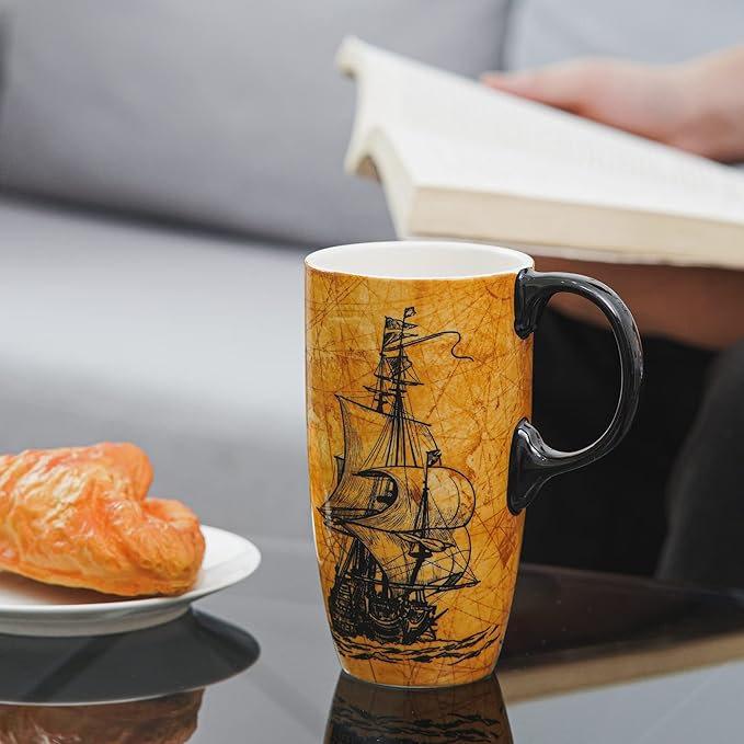 Topadorn Ceramic Mugs Porcelain Latte Tea Cup Coffee Mug with Lid and Gift Box,17oz.Sailing Ship