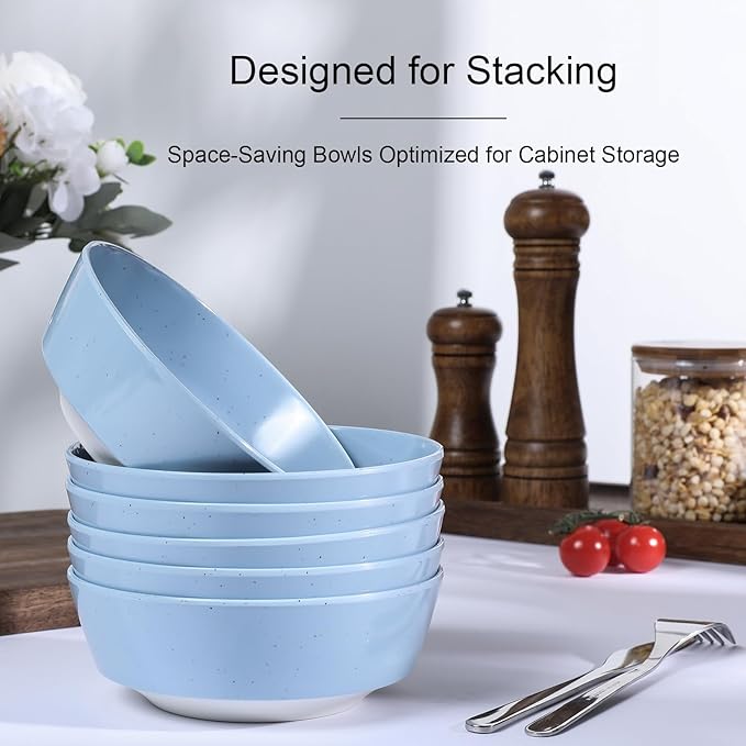 Webbylee 6-inch Melamine Bowls set of 6-20-ounce Dinnerware Cereal Bowls for Soup, Salad & Dessert | Dishwasher Safe & Space Saving(Blue/Beige)