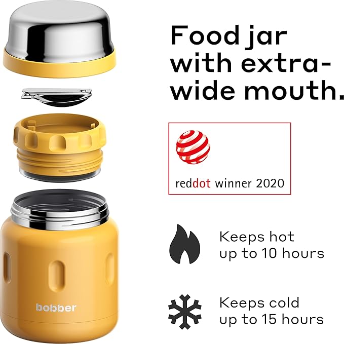 BOBBER 16 oz Insulated Stainless Steel Food Jar with Extra-Wide Mouth, Built-in Spoon & Bowl - Keeps Hot for 10 Hours and Cold for 15 Hours - Leakproof Lunch Thermos for Adults (Orange)