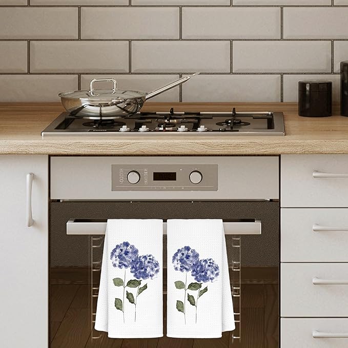 Purple Hydrangea Flowers Floral Kitchen Towels Set of 2 - Summer Flowers Decorative Hand Towels for Bathroom, Green Hydrangea Decor Dish Towels for Kitchen, Floral Hand Towels, 16x24