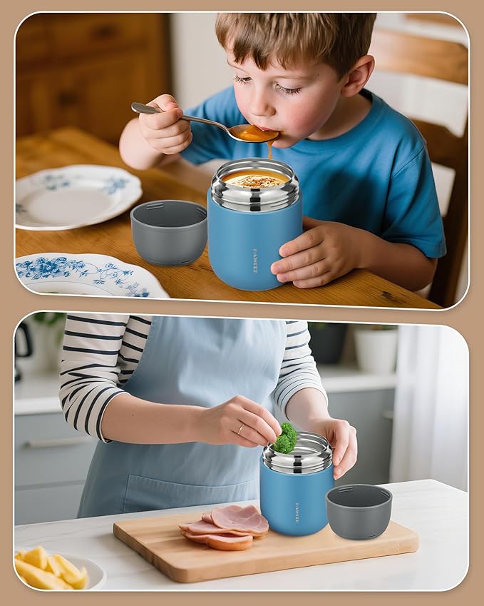 17oz Soup Thermo for Hot Food Adults Insulated Food Jar Thermo Hot Food Lunch Container Wide Mouth Stainless Steel Lunch Box for Kids with Folding Spoon Cleaning Brush Gray Blue