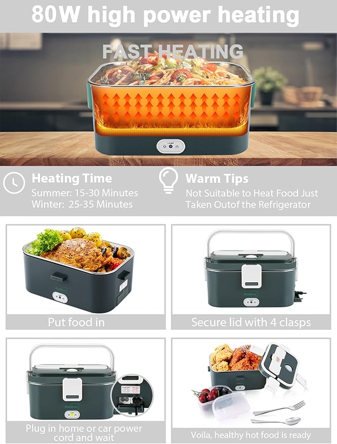 Buddew Electric Lunch Box for Adults, 80W Heated Lunch Box 1.8L Stainless Steel Portable Food Warmer,12/24/110V Lonchera Electrica Portatil for Travel & Work, Loncheras para Hombres de Trabajo