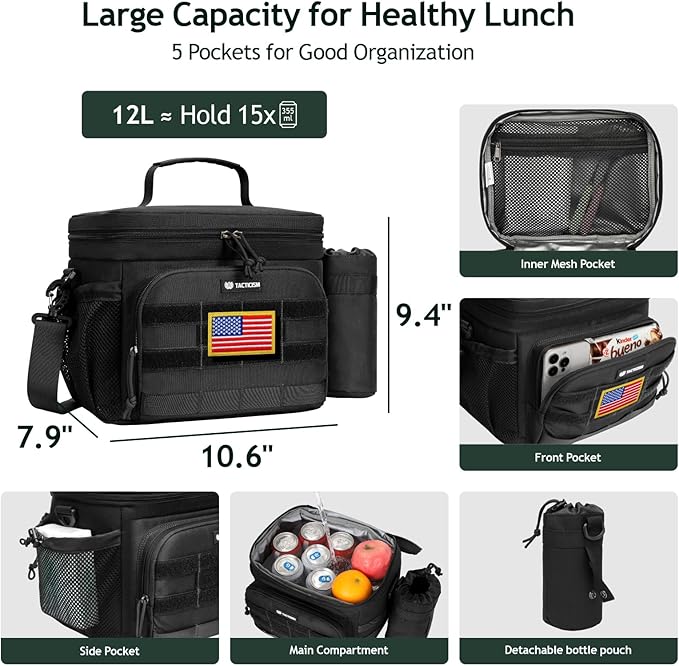 TACTICISM Tactical Lunch Box for Men, 12L MOLLE Lunch Bag Adult, Up to 8 Hours Insulated lunchbox, Large Durable Leakproof Cooler with Detachable Water Bottle Pouch, for Work Camping Fishing, Black