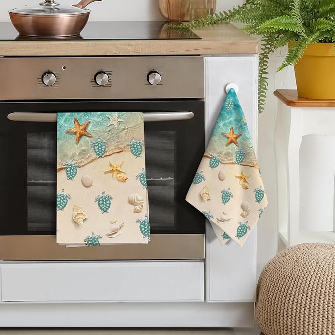 Sea Turtles Beach Kitchen Towels Decorative Set of 2 Teal Nautical Coastal Hand Towels for Kitchen Bathroom Bar Absorbent Dish Clothes Summer Ocean Themed Holiday Decor 16x24 Inch
