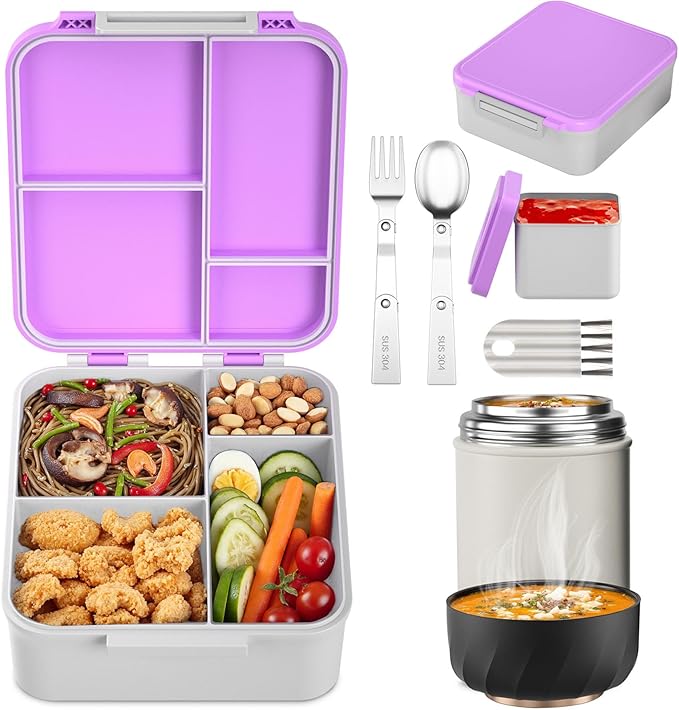 Bento Lunch Box Set with 17oz Soup Thermo, Lunch Box for Kids with Folding Fork & Spoon, Leakproof Lunch Food Containers with 4 Compartment for School, Office, Travel and Park Pinic