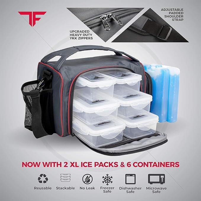 ThinkFit Red Reusable Lunch Bag with 6 Portion Control Containers, 2 XL Ice Packs, Pill Box, and Shoulder Strap - Microwavable and Freezer Safe