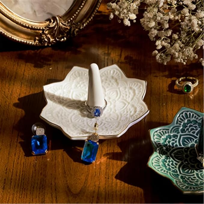 Ceramic Mandala Ring Holder, Decorative Jewelry Dish, Trinket Tray Room Decor, Engagement Wedding Birthday Gifts for Women (white)