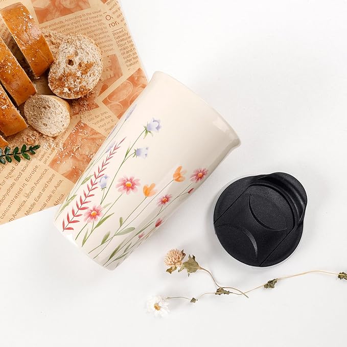ANTIS'S HOME Ceramic Travel Mug with Lid, Flower Pattern Beige Double Wall Coffee Mug Tumbler, Reusable Tall Cup, Splash Resistant Lid, Dishwasher Microwaveable Safe