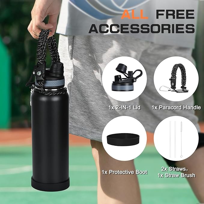 40 oz Insulated Water Bottle with Straw& Spout 2-in-1 Lid, Triple Wall Vacuum Stainless Steel Cold 48H, Leak Proof Sports Metal Flask Jug with Paracord Handle, Black