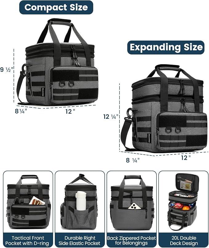 RalChyez Tactical Lunch Bag, 20L Large Heavy Duty Double Deck Insulated Lunch Box Leakproof Expandable Tote Cooler with Shoulder Strap for Adult Men Women Work Fishing Picnic Travel Gray